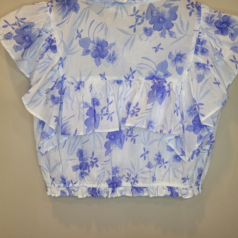 Love Shack Fancy Cotton Floral Blue White ButtonUp Cropped Nora Top XS Boho Chic - Picture 9 of 14